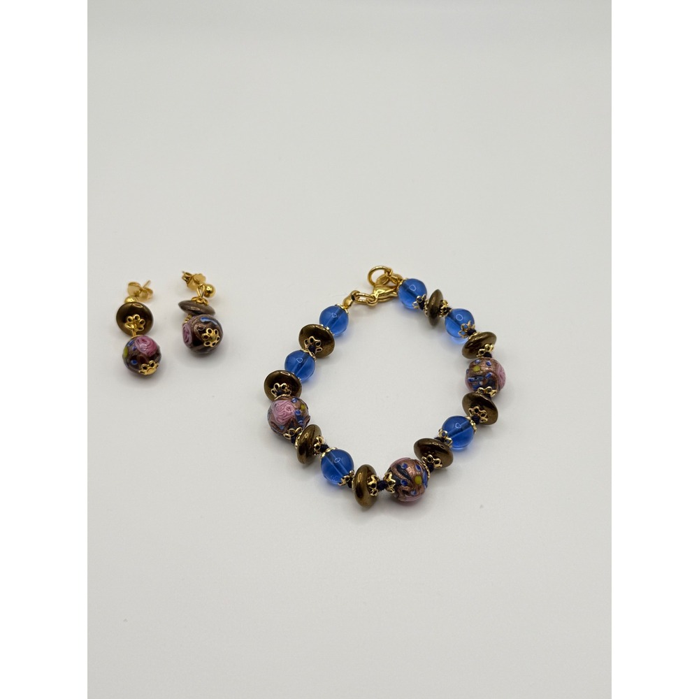 Artisan Murano Style Floral Lampwork‎ Glass Bead Bracelet and Earring Set Blue